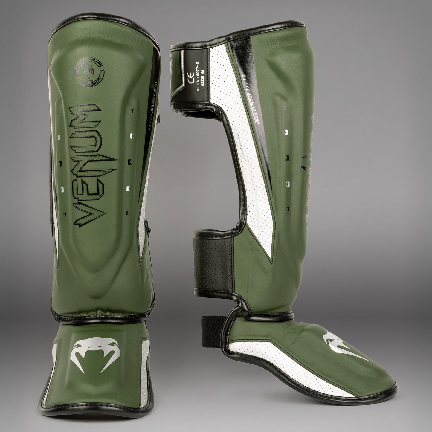 Venum Elite Evo scheenbeschermers - Kaki/Zilver