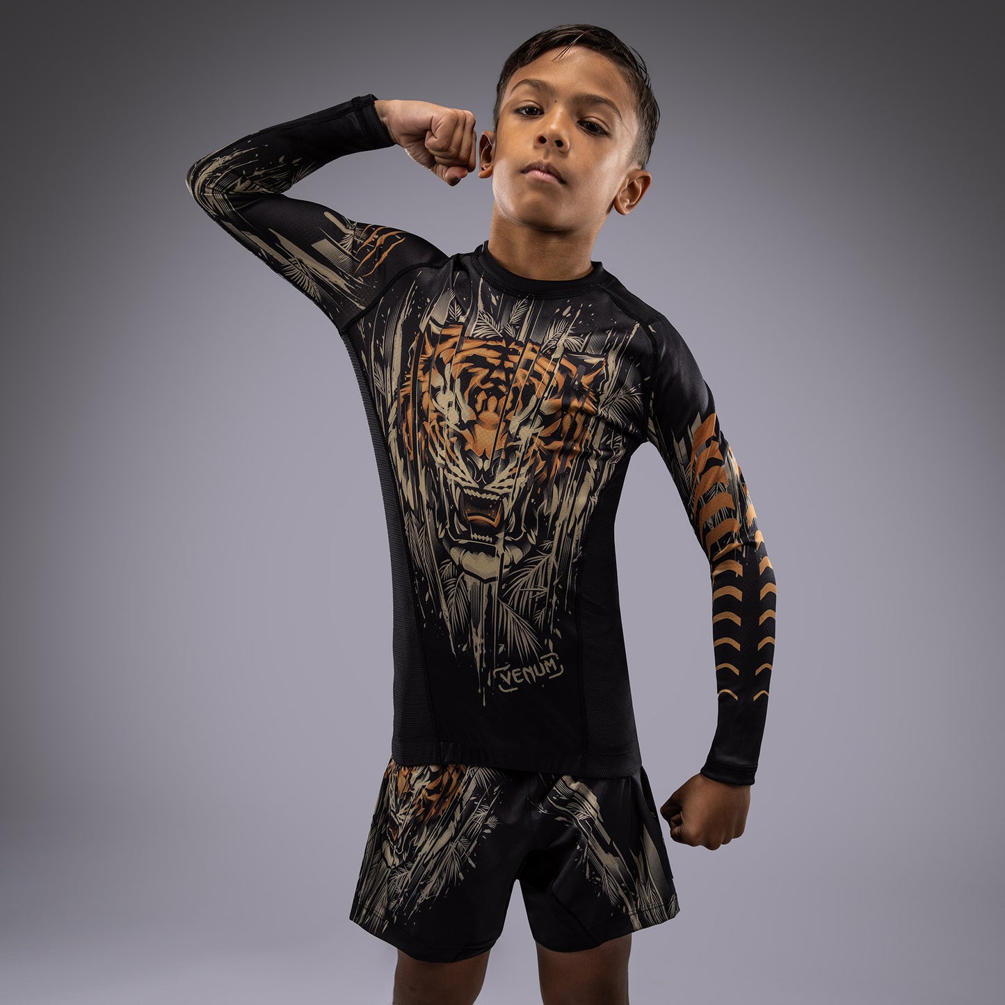 Venum Tiger Kids Lange Mouw Rashguard - Zwart / Neon Oranje