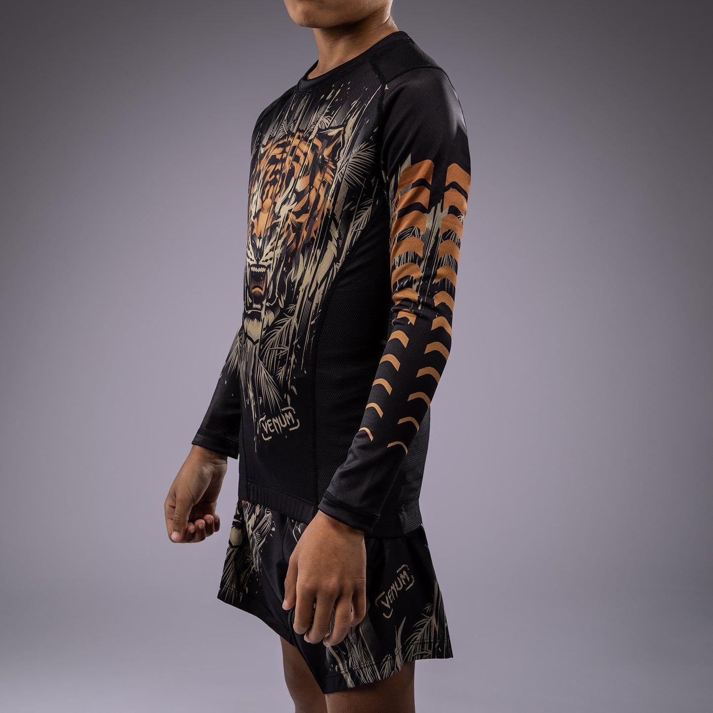 Venum Tiger Kids Lange Mouw Rashguard - Zwart / Neon Oranje