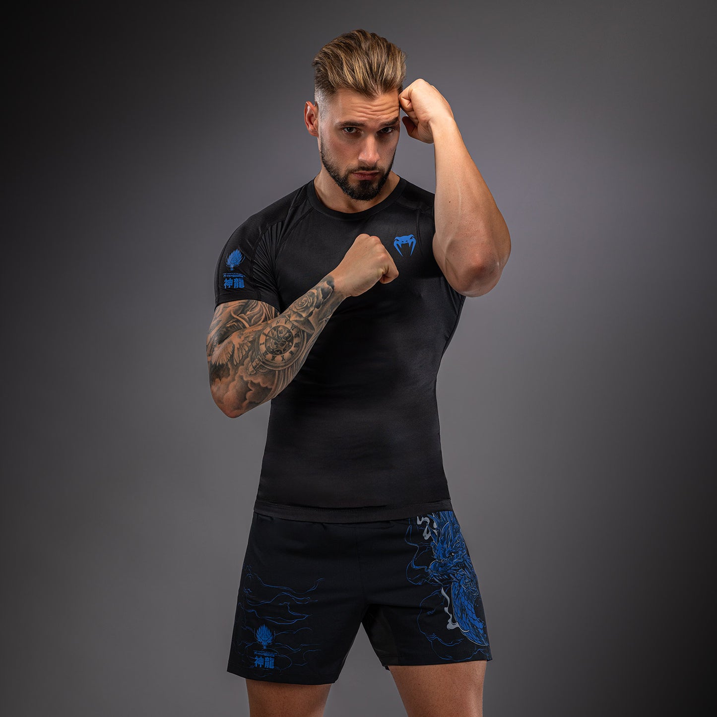 Venum Thunder Dragon Rashguard met korte mouwen – Zwart/Koningsblauw