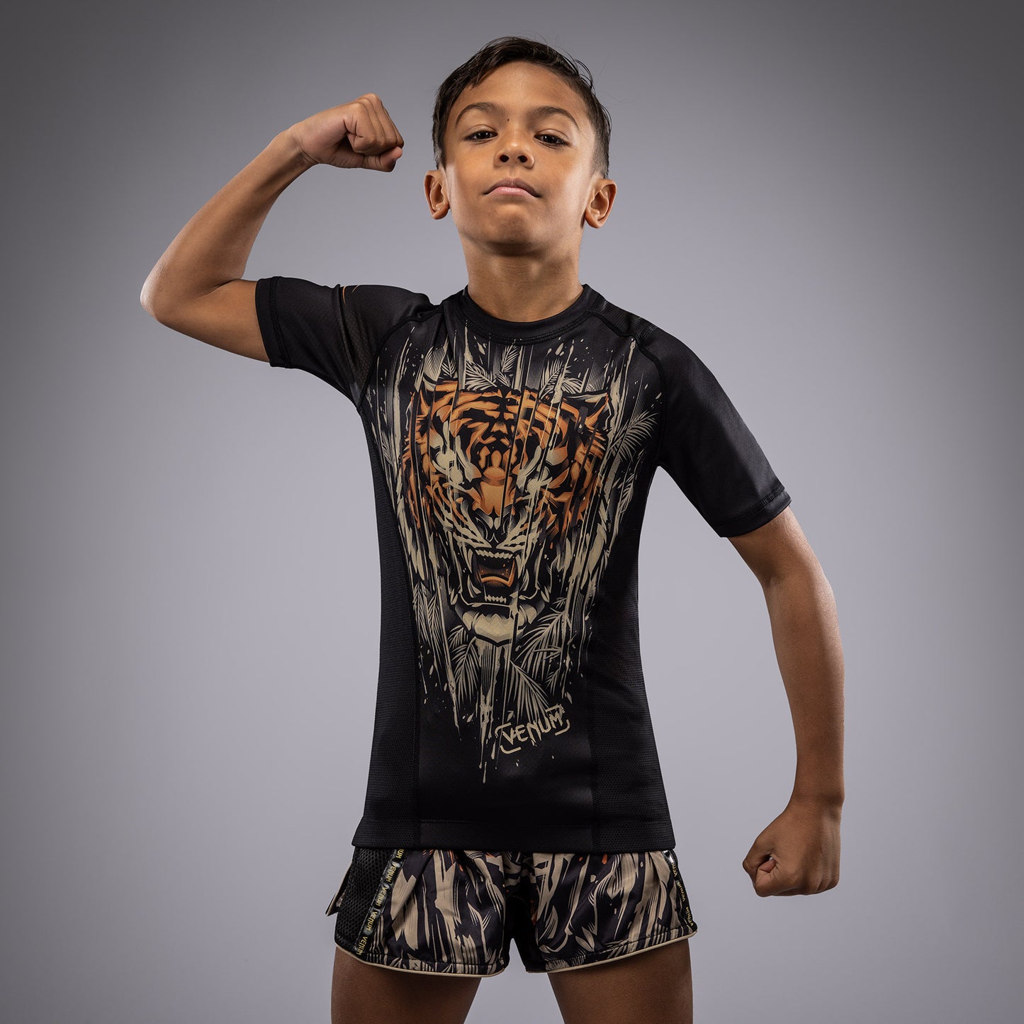 Venum Tiger Kids Korte Mouw Rashguard - Zwart / Neon Oranje