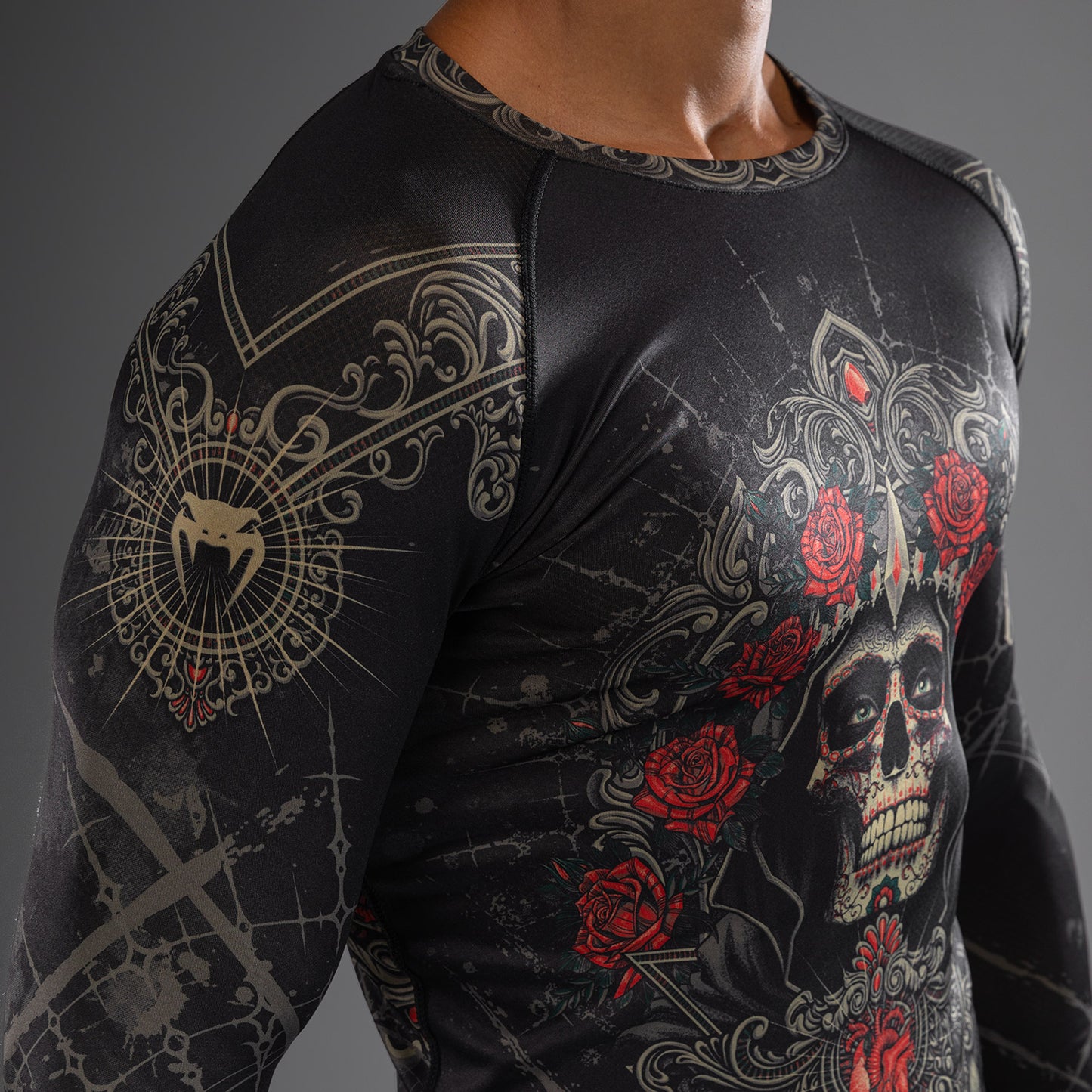 Venum Santa Muerte 5.0 Lange Mouwen Rashguard voor Heren - Diep Zwart/Goud