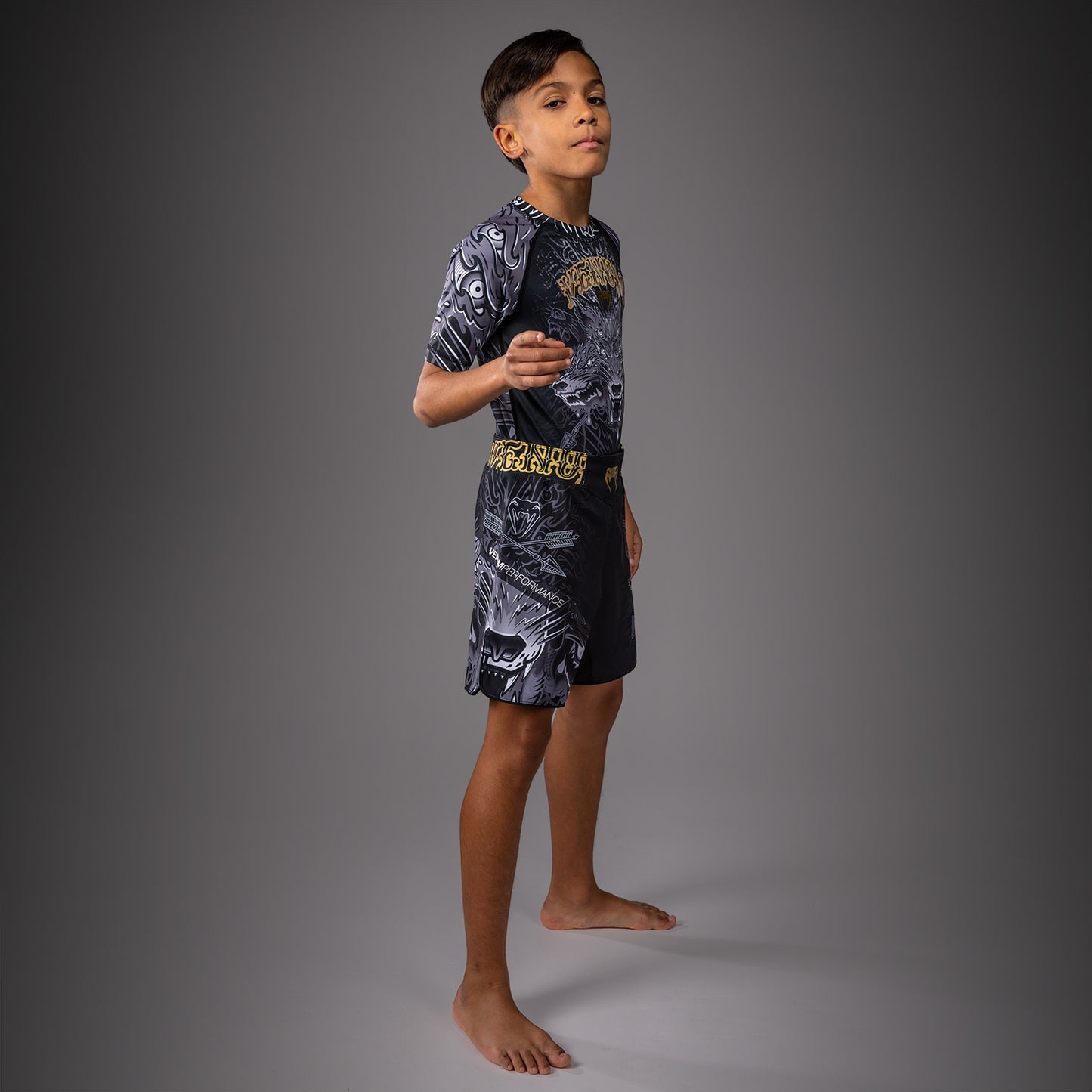 Venum Wolf Atak Kids Rashguard met korte mouwen – Zwart/Grijs