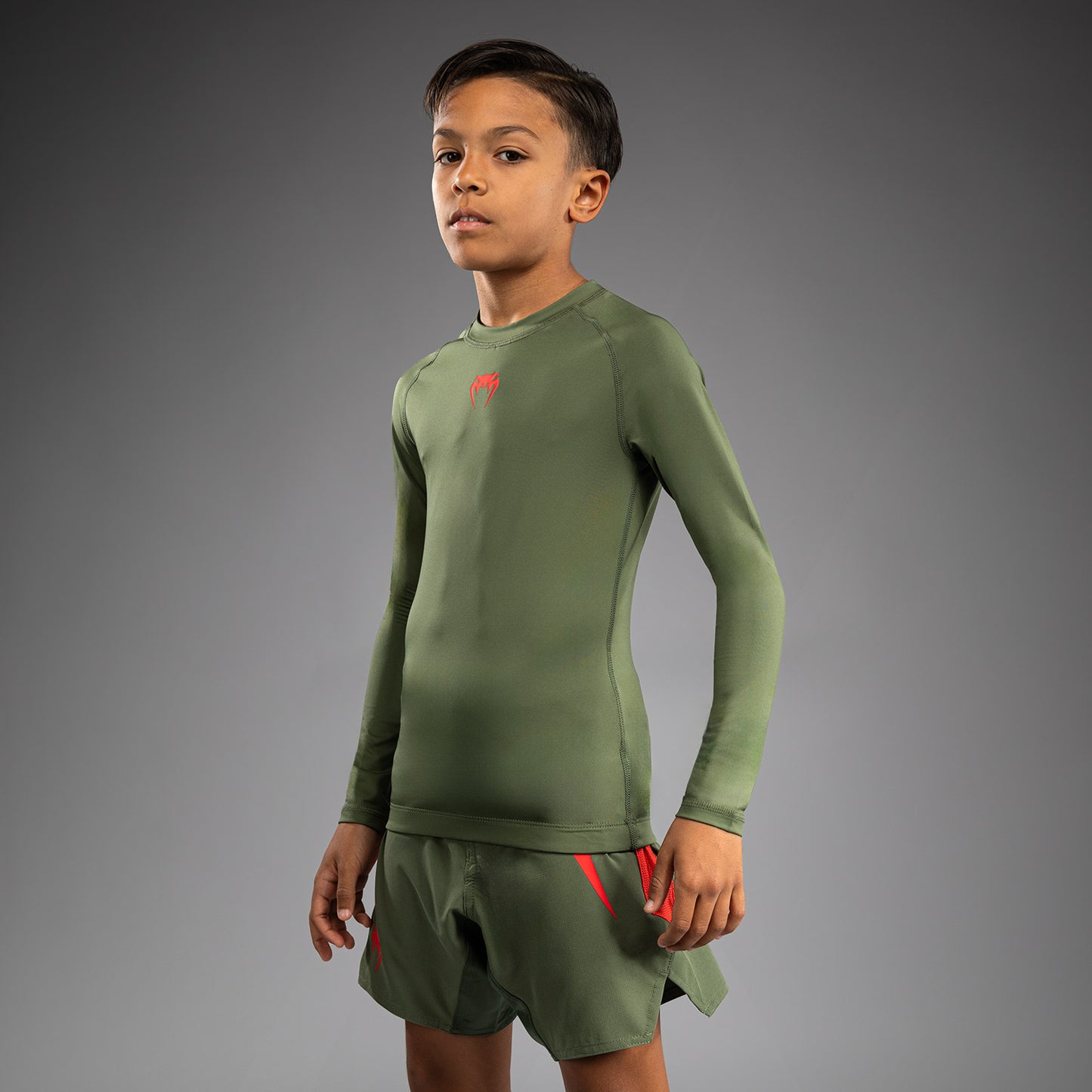 Venum Contender Rashguards Lange Mouwen voor Kinderen - Army Green/Orange