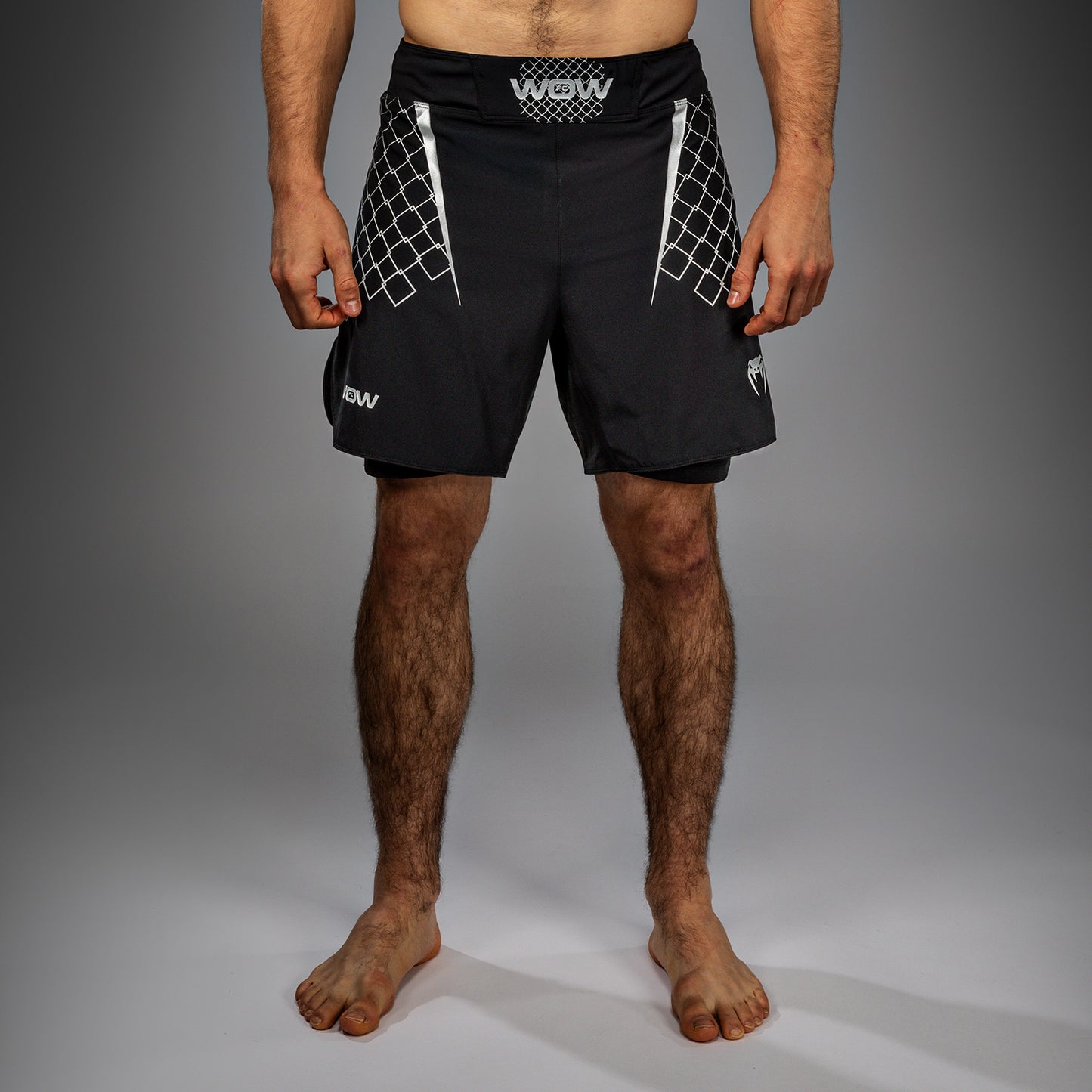 Venum x WOW FC Heren Fight Shorts - Zwart/ Zilver Grijs