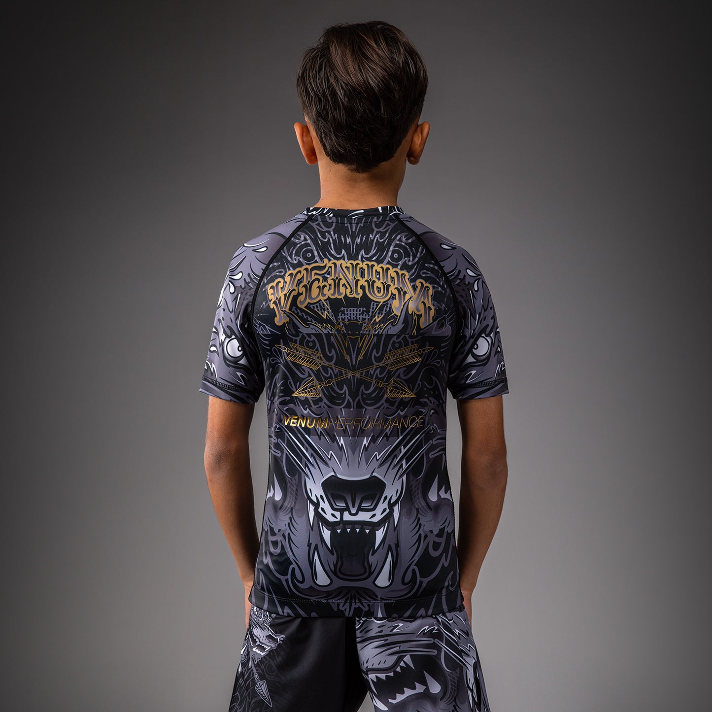 Venum Wolf Atak Kids Rashguard met korte mouwen – Zwart/Grijs