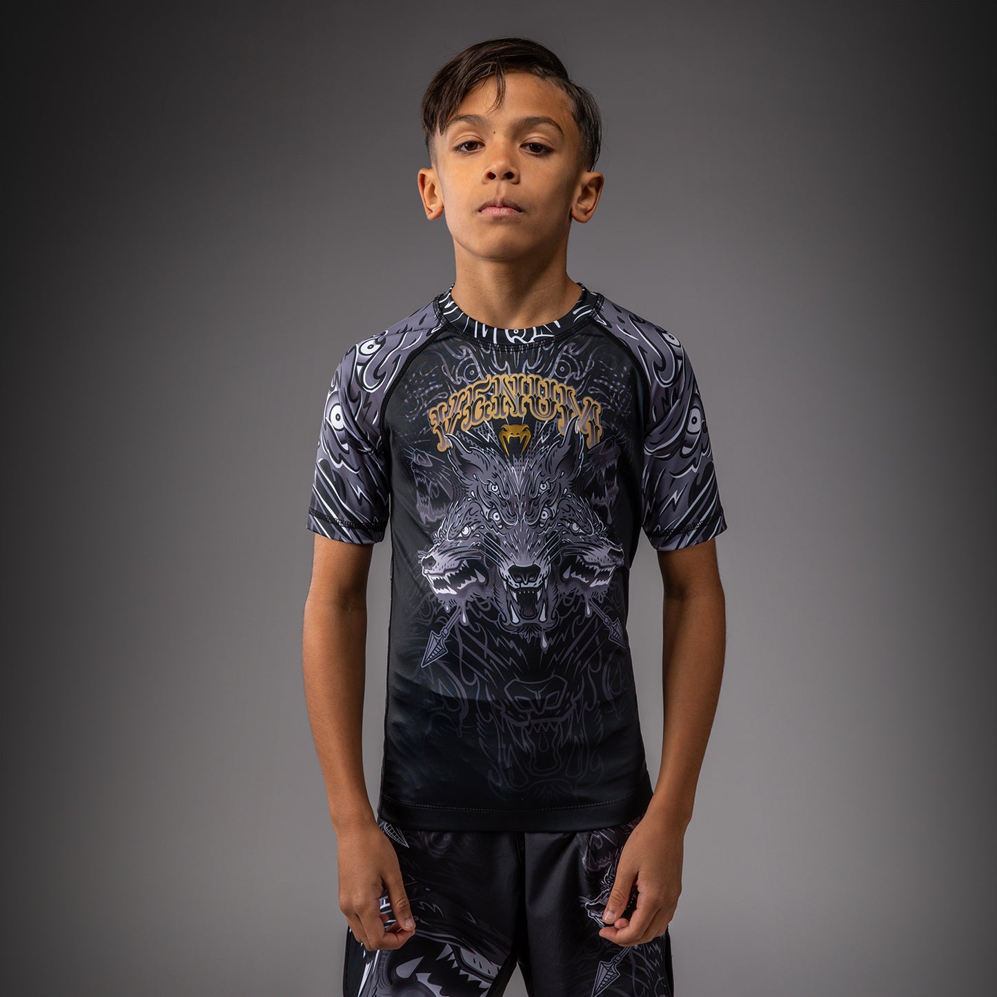 Venum Wolf Atak Kids Rashguard met korte mouwen – Zwart/Grijs