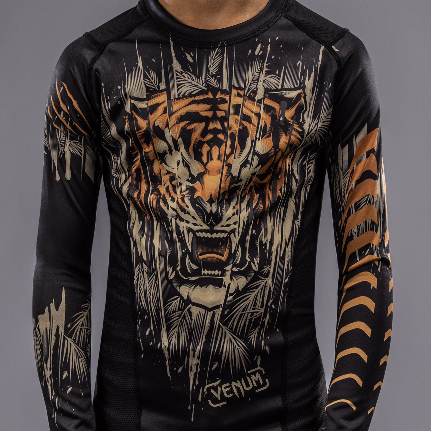 Venum Tiger Kids Lange Mouw Rashguard - Zwart / Neon Oranje