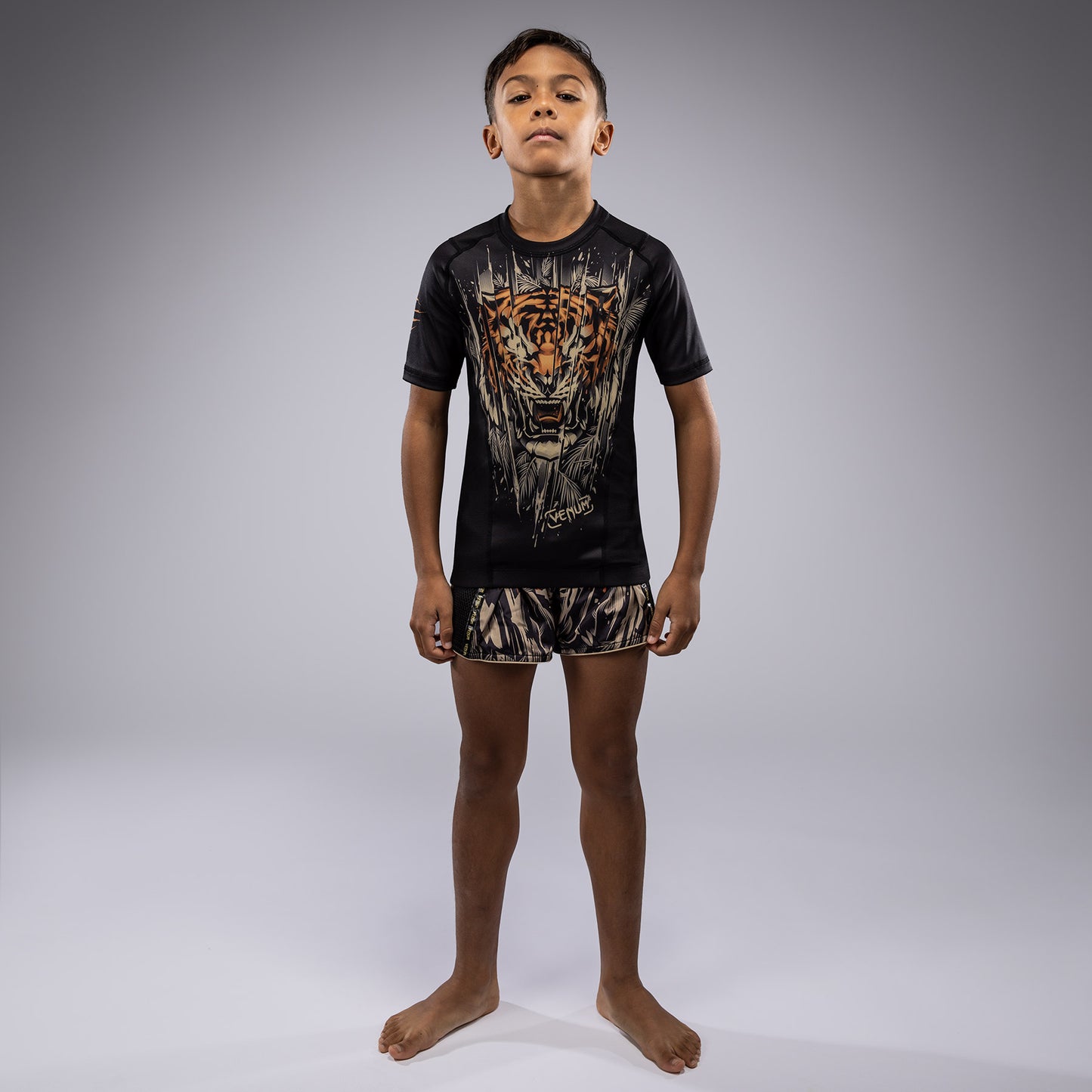 Venum Tiger Kids Korte Mouw Rashguard - Zwart / Neon Oranje
