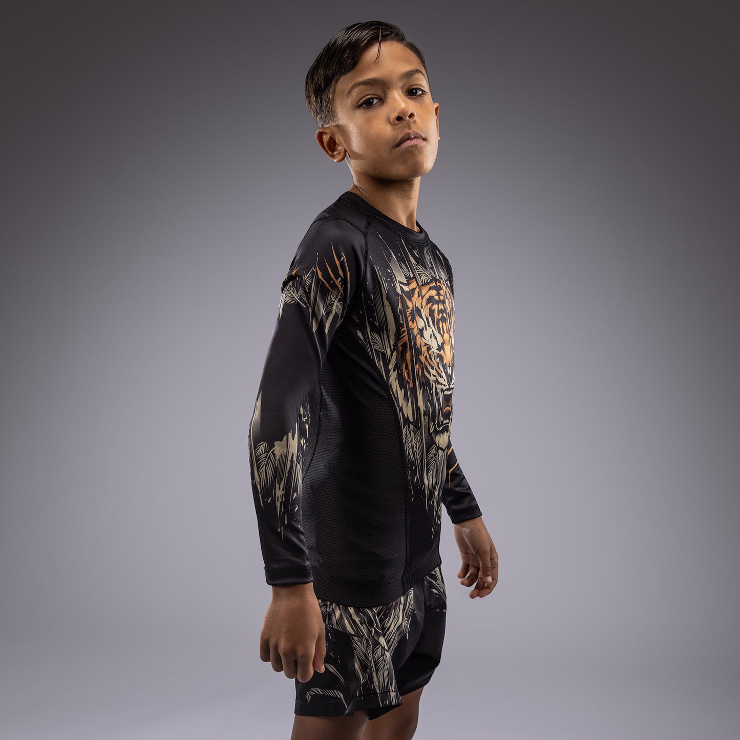 Venum Tiger Kids Lange Mouw Rashguard - Zwart / Neon Oranje