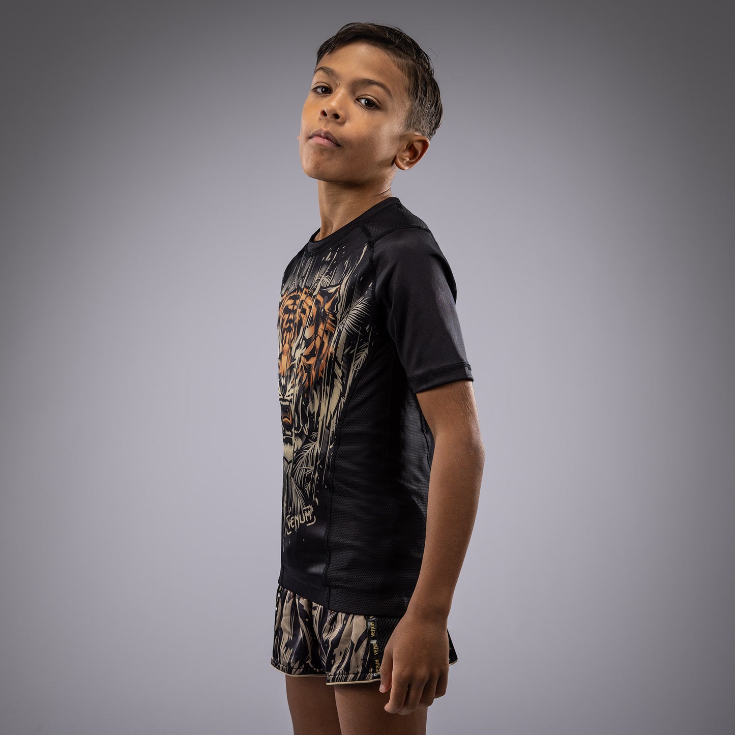Venum Tiger Kids Korte Mouw Rashguard - Zwart / Neon Oranje