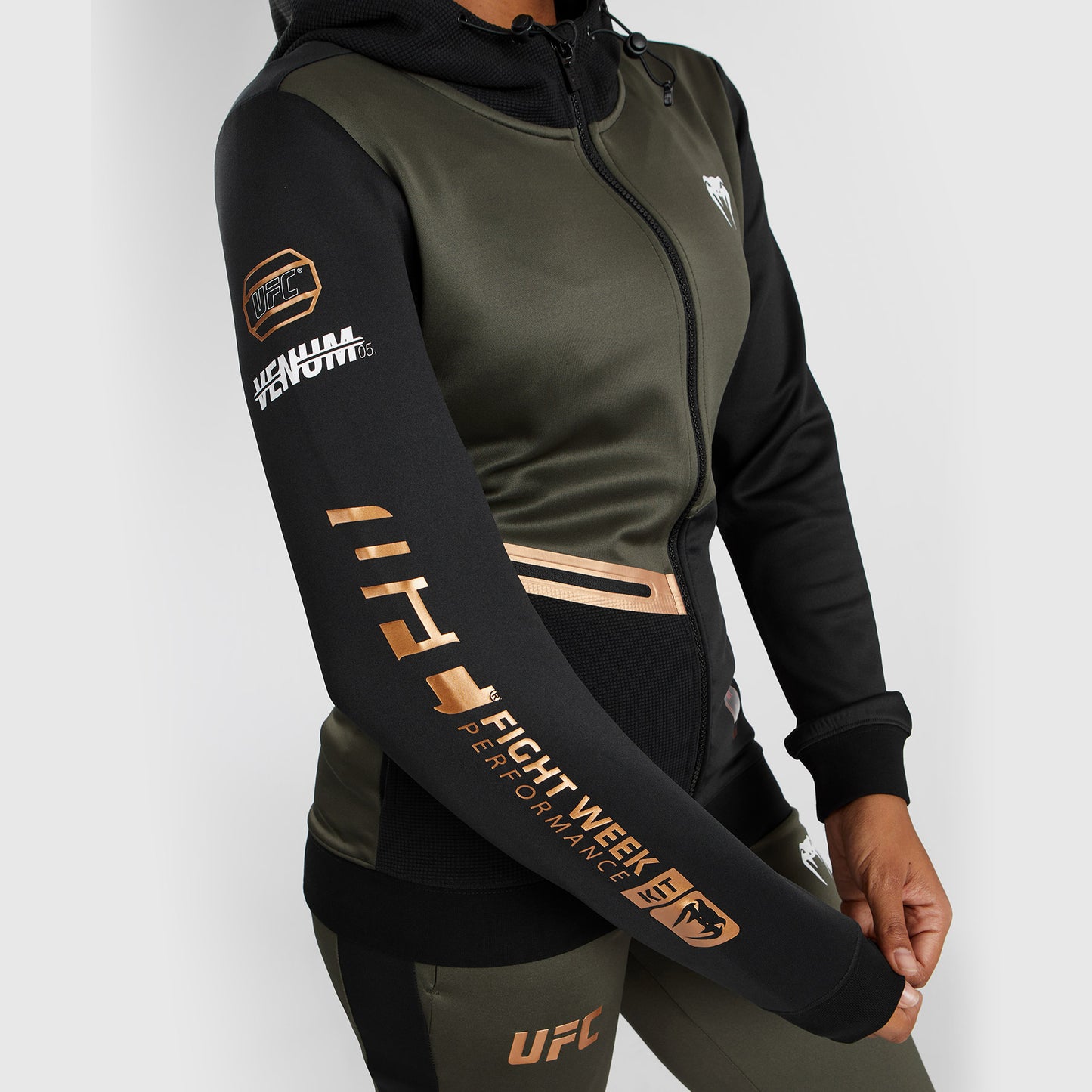 UFC Adrenaline by Venum Fight Week Hoodie met rits voor Dames - Khaki/Brons