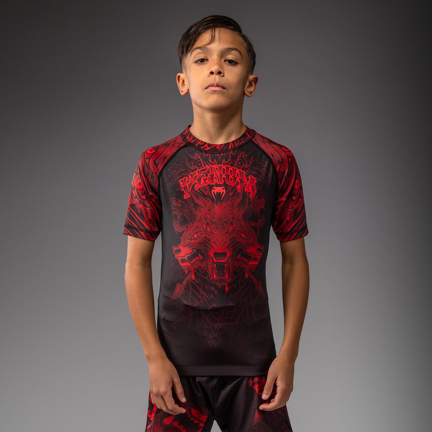 Venum Wolf Atak Kids Rashguard met korte mouwen – Zwart/Rood