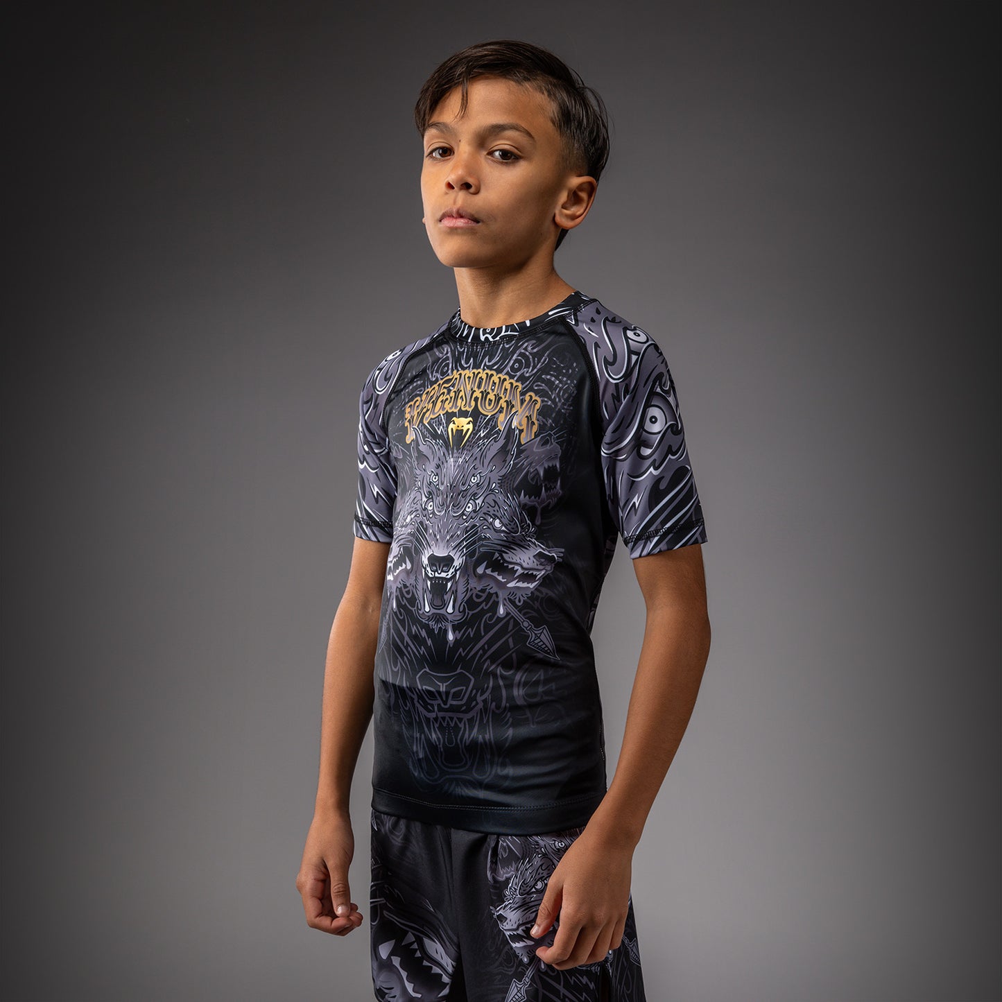 Venum Wolf Atak Kids Rashguard met korte mouwen – Zwart/Grijs