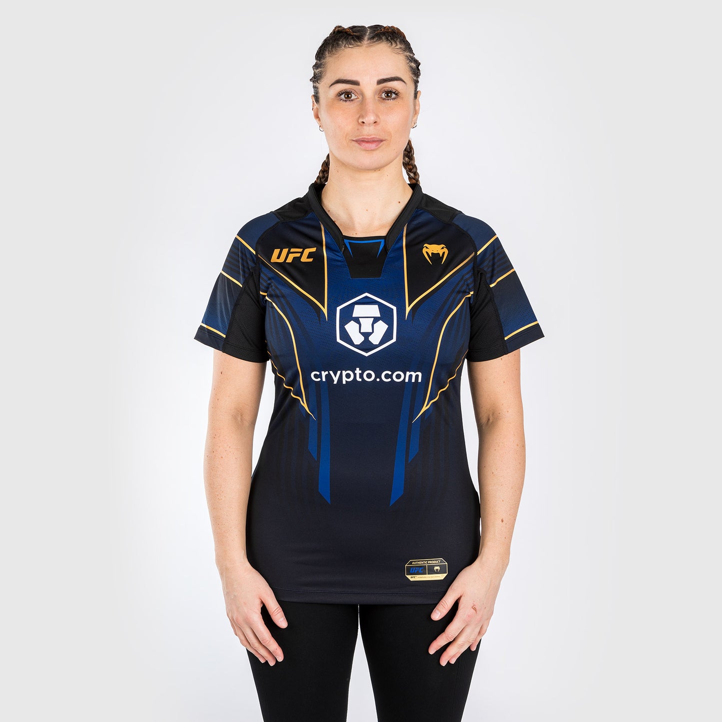 UFC Venum gepersonaliseerde authentieke Fight Night 2.0 Walkout-jersey voor dames - blauw/zwart/goud