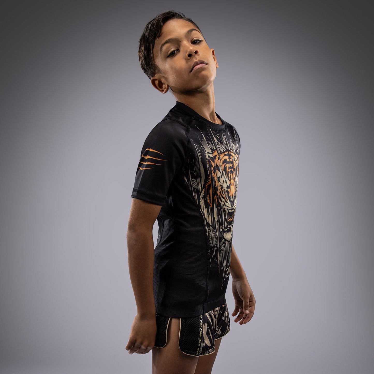 Venum Tiger Kids Korte Mouw Rashguard - Zwart / Neon Oranje
